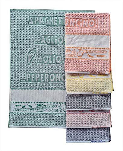 M&O Strofinacci CANOVACCI ASCIUGHINI con Tela Aida per Ricamo Misura CM 50X70 100% Cotone Pacco da 6 Pezzi Variante Spaghetti Aglio Olio Peperoncino