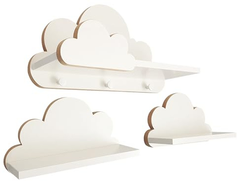 EIN Set Wolkenregal Mit Aufhaken Zum Deko Kinderzimmer | Stabile 3 Wolke Wandregale Weiss Für Jede Einrichtung Eines Babyzimmer Deko | Keine Sichtbaren Befestigungen | Befestigungssatz Enthalten