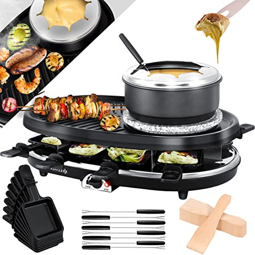 KESSER® 3 en 1 Raclette grill con piedra natural antiadherente, placa de parrilla y fondue, parrilla eléctrica de mesa para 8 personas.
