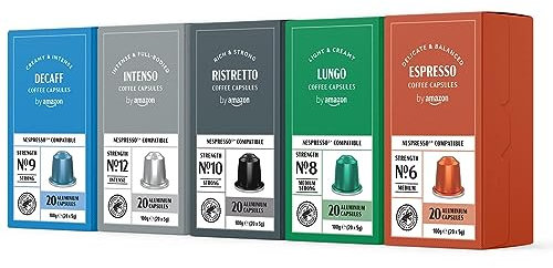 by Amazon Capsules de café Paquet Varié compatibles avec Nespresso, Torréfaction Moyenne, Capsule en Aluminium, 100 Pièces, 5 lot de 20 - Certifié Rainforest Alliance