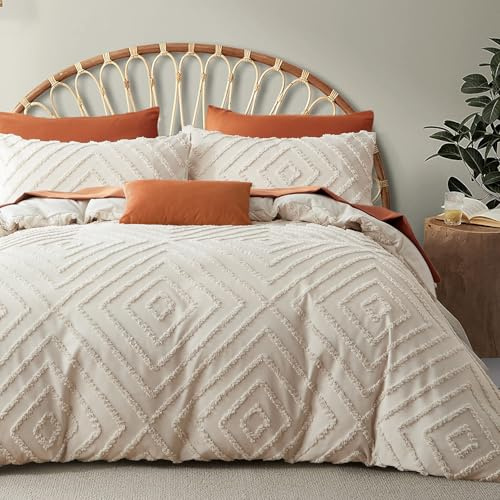 Freyamy Bettwäsche 135x200 2teilig Getuftet Handgefertigt Geometrisch Bettbezüge Khaki Vintage Wendebettwäsche Boho Stil Gewaschene Mikrofaser Uni Bettbezug mit Reißverschluss + Kissenbezüge 80x80
