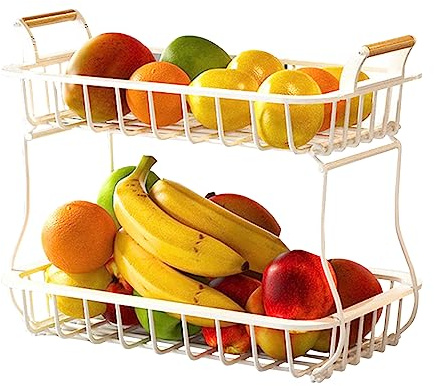 LEMCC Obstkorb mit 2 Etagen, Obst- und Gemüseständer mit Holzgriff, Metalldrahtkorb, Obstschale, Gemüseaufbewahrung, Organizer für Küchenarbeitsplatte(Weiß)