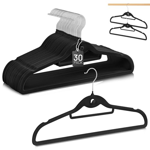 Velvet Stackable Hangers 30 Pack, STOPKLAS Black Clothes Hanger Non Slip Felt Hangers with 360° Swivel Hook, Thin Hanger Space Saving, Heavy Duty Closet Hanger for Clothes, Coats, Suits, Dress, Pants