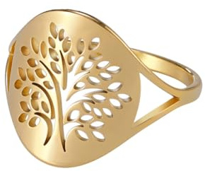 OAKKY 16mm Unique Plain Style Folklorique Découpage Forêts Famille l'arbre de Vie Couple Bague Unisex Acier Inoxydable Déclaration Or Taille 54