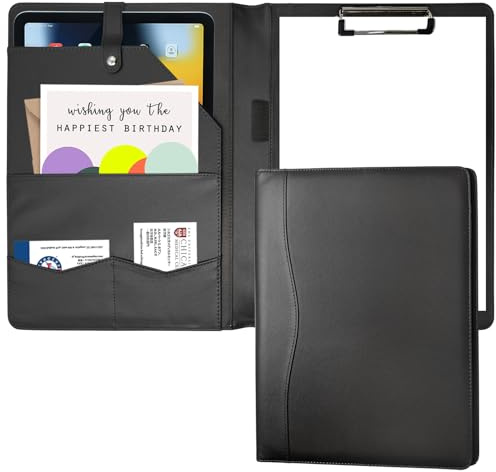 Portfolio Folder Padfolio with A4 Clipboard, PU Leather Portfolio Clipboard Business Binder Writing Clip Board Organizer for Legal Documents Business Card Men Women Black