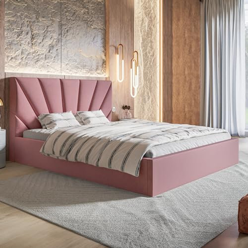 MOTIVENA INES Bett 160x200, Polsterbett 160x200, mit Bettkasten, mit Stauraum, mit Lattenrost, mit Kopfteil, ohne Matratze, Samt, Rosa