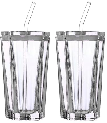 MISNODE 2 Vasos de Cristal de 300 Ml con Tapa Y Pajita, Taza de Cristal para Café Helado, Pajitas para Copa de Vino, Taza de Café Helado, Copas de Vino, Copas de Cóctel, Taza de(Transparente)