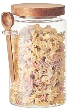 Eden & Willow Glass Kitchen Storage Jar with Acacia Lid and Wooden Spoon | Borosilicate Glass Food Canister with Spoon Holder | BPA-Free Mason Jar for Sugar, Spices, and Dry Foods (1, 1L)