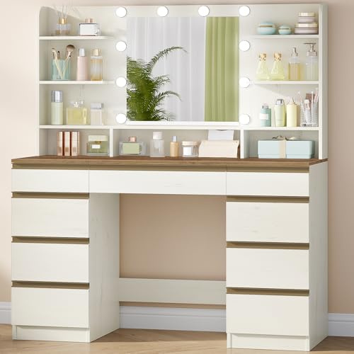 Hzuaneri 108cm Toeletta da Trucco con 10 Luce LED, 3 Colori, Luminosità Regolabile, Grande Specchio HD, 1 Cassetto Grande e 8 Cassettiere Piccole, 9 Vani Portaoggetti Aperti, Bianco-Marrone DT35714X