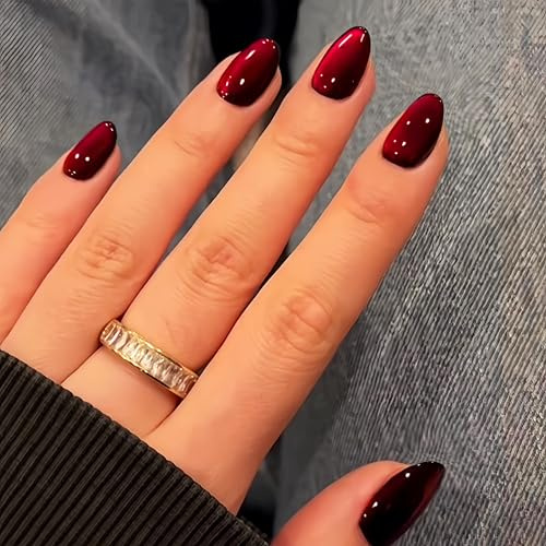 SXVME Soft Gel Press on Nails Extra Short Oval, 30 Pcs Dark Red Cat Eye False Nails Short Almond, Sparkly Glitter Black Fake Nails Set, Reusable Small Bling Stick on Nail for Women Christmas Holiday