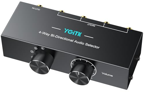 YGiTK Bi-Direktionaler Stereo Audio Schalter 4(1) In-1(4) Out 3,5mm Aux- & RCA L/R Audio Umschaltbox mit Off-Taste, Passiv Audio-Splitter für Lautsprecher, Kopfhörer, Verstärker, CD-Player uzw.