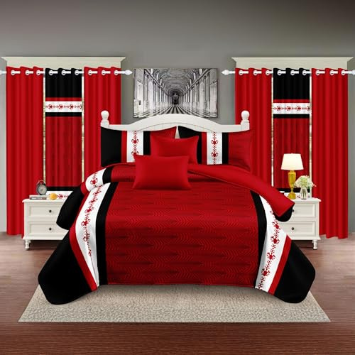 Deepsleep Queen Size Bedspread Set 9 Pieces, Black and Red Stripe | All Season, Luxury Bed in a Bag for Bedroom, with 2 Pillowcases and 6 Curtains, Soft Microfiber for Complete Bedroom Decor