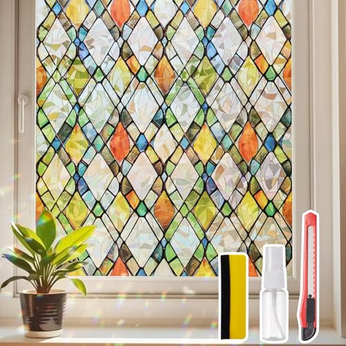 Azunel Window Privacy Film Stained Glass– UV & Heat Blocking, Static Cling Vinyl for Glass Doors & Bedroom Windows, No Glue Easy Install, 17.5 x 78.7