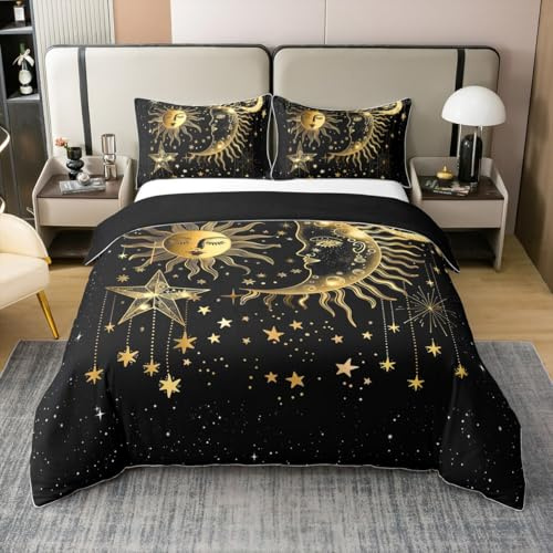 Homemissing Soleil et Lune Parure de Lit Boho Exotique Galaxy 100% Coton Housse de Couette 220x240cm pour Or Noir Ensemble de Literie Décor Chambre 3 pièces avec 2 Taies d'oreiller