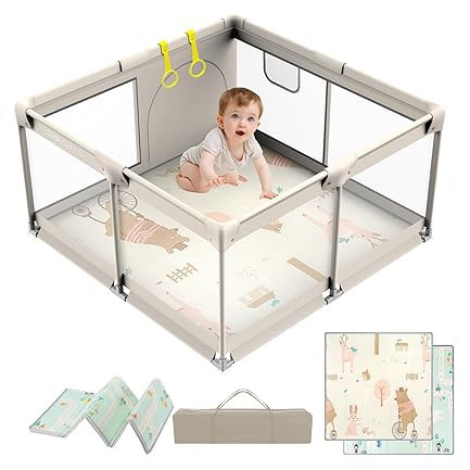 Baby lekhage med lekmatta,127x127cm Baby lekhage,Bärbar lekplats med säkerhetsstängsel Lämplig för inomhus- och utomhusaktivitetscenter för barn