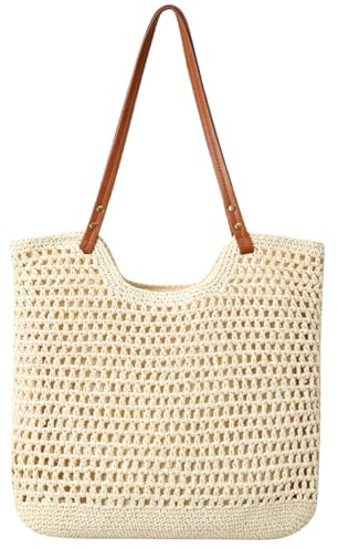 Joyhere Sommer Strandtasche Damen Häkeltasche Strohtasche, Vintage Umhängetasche Stricktasche Mit Ledergriffe Und Reißverschluss, Boho Gestrickte Schultertasche Für Reisen Urlaub Einkaufen (Beige)