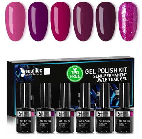 Beautilux Smalti Semipermanenti per Scuro Viola, 6 Pcs Smalto Semipermanente Scuro Viola Glitterato, Soak Off UV Smalto Per Unghie per Manicure 10ML