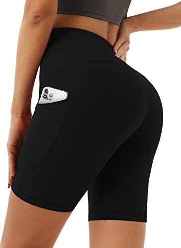 Desol Cykelbyxor för kvinnor med fickor, shorts med V-formad hög midja, korta sportbyxor för kvinnor med magkontroll, sportshorts för yoga och löpning, M