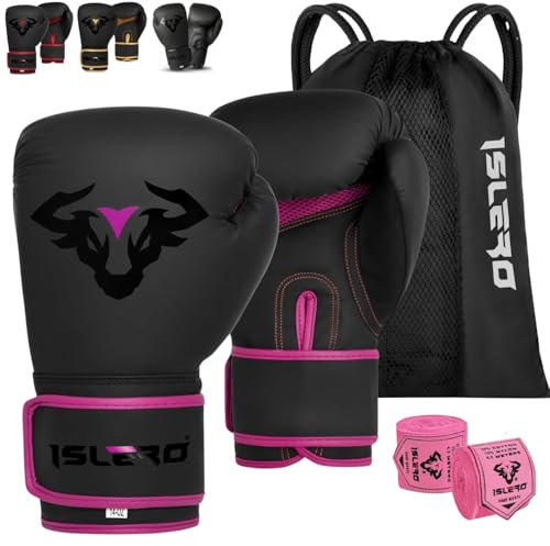 Islero EVO Fitness,Guantes de boxeo negros mate para hombre, bolsa de boxeo para mujer, color rosa, MMA Muay Thai, artes marciales, guantes de combate con envolturas de mano (12 onzas, rosa)