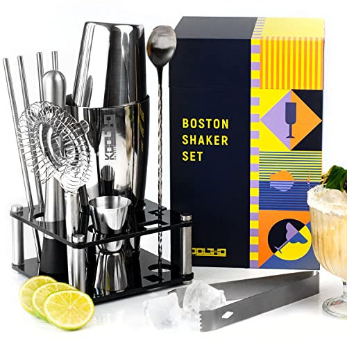Shaker Boston Kit Cocktail Professionnel, Coffret Cocktail Cadeau Femme Homme Personnalisable, Set pour Faire Cocktails avec Support, Service Mojito Accessoire Bar Complet INOX Checker Barman Pro