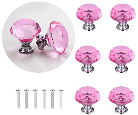 6 PCS Pink Crystal Door Knobs 30mm Glass Drawer Knobs | Pink Cupboard Cabinet Handle,Drawer Pull Handle with Screw,Diamond Pulls with Screw for Home Kitchen Office Drawer Decoration