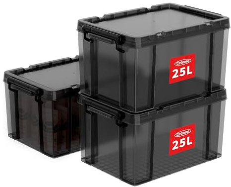 Cetomo 25L*3 Heavy-Duty Storage Boxes, Plastic Stackable Storage Box with Lids, Storage Bins with Reinforced Corners, Vertical Sides and Clip Closure, Durable, Sturdy, Transparent Black, 25L-3Pack