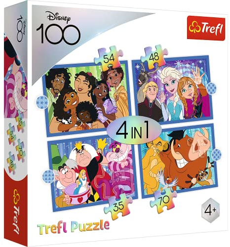 Trefl - Disney Welt - 4in1 Puzzles, 4 Puzzles, von 35 bis 70 Teile - Unser Magischer Encanto, Die Eiskönigin, Alice im Wunderland, Der König der Löwen, Mehrere Schwierigkeitsgrade, Kinder ab 4 Jahren
