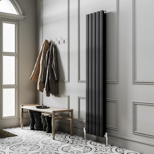 Go Bathrooms Pinta 1600 x 340mm Vertical Radiator Black Flat Panel Double Column Tall Upright Radiator Matt Black Wall Mounted Central Heating Includes Mounting Brackets