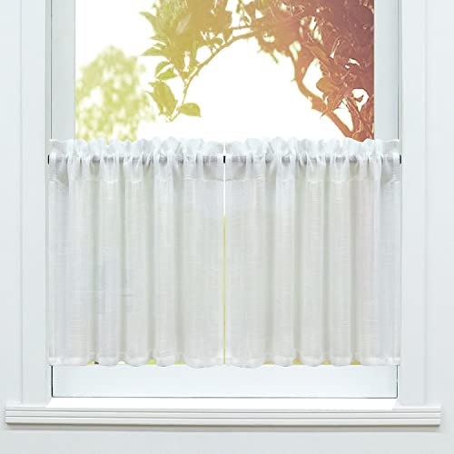 SCHOAL Leinen Scheibengardine Bistrogardine Landhaus Transparente Küche Gardinen Uni Vorhang Paarig Schals Fensterschal für kleine Fenster 2 Stück 120Bx60H(cm) Weiß