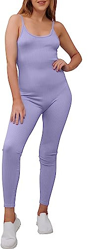 Love My Fashions® Damen Nahtloser Einteiler Spaghettiträger Gerippter Jumpsuit mit dehnbarem Bodycon, Flieder, M/L