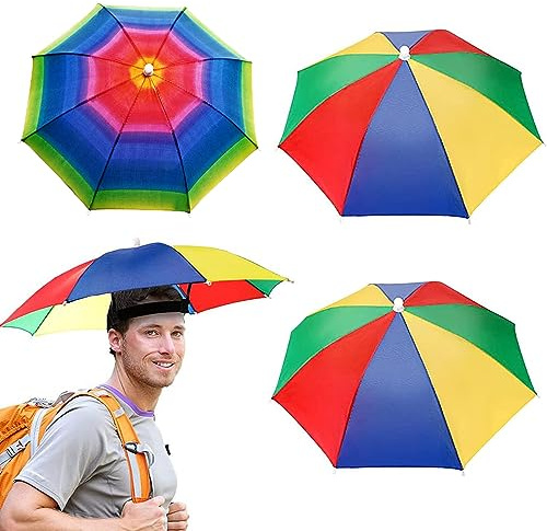 ZEACCT 3 Stück Regenbogen Regenschirm Hüte, Regenschirmmütze Kopf Angelschirm Hut, Faltbarer Wasserdicht Kopfschirm Kinder Erwachsene Angelschirme Camping Wandern Outdoor Angeln