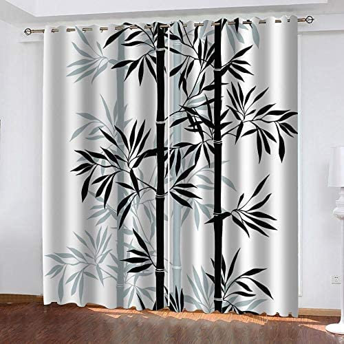 3D Vorhang Blickdicht Schwarz-Weiß-Pflanze Bambus Vorhang-Ösen-Oberseiten-Vorhänge Für Küche-Schlafzimmer-Hauptdekoration/Uv-Schutz/Schalldämmung 220 (B) X 215 (H) cm