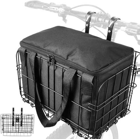 Zacro Metal Bike Basket Front Large Folding Ebike Bicycle Basket with Removable Liner Bag, Quick Release Design for Adult Women/Men Carrying Dogs, Pets, Fruit & Grocery
