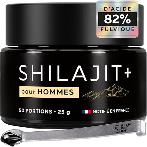 5 elementum Shilajit Pure Himalaya – Résine 25 g Hautement Dosée pour Hommes avec 82 % d’Acide Fulvique | Mumijo Original | Shilajit Résine Naturelle d’Altitude | Pot Verre + Cuillère Doseuse 500 mg