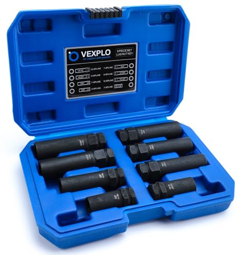 VEXPLO Spline Lug Nut Socket Set, 8 Piece SAE & Metric Locking Lug Nut Removal Tool, Wheel Lock Removal Kit for Easy Removing of Aftermarket & Factory Wheel Lug Nuts