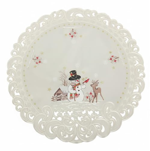 Weihnachtstischläufer/Tischdecke Schneemann Rentier Winterlandschaft mit Durchbruchstickerei, Polyester, Ecru/Creme - Größe wählbar (ca. 58 cm Rund)