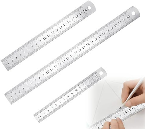 3 Stück Metall Lineal Edelstahl Lineal 15cm/20cm/30cm Doppelseitiges Abgestuftes Lineal（Metrisch/Zoll）Gerader Rand Lineal Metall Messwerkzeug Lineal Set für Engineering Lehre Zeichnungen Büro Schule