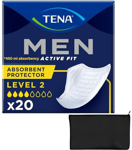 Men Incontinence Pads Level 2 Bundle by Wishesla, Urine Leakage Protective Shield, Multipack 2x10 Total of 20 Mens Pads for Urine Leakage, 100% Discreet, and Black Fabric Toiletries Bag