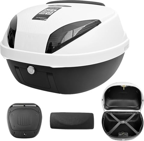 Motorradkoffer Top case Motorrad Tour Heckbox Kofferraum 42L Koffer,Scooter Kunststoffkoffer für Helmgepäck,wasserdichte Motorrad Top case abschließbar mit Rückenlehne,Platte - Weiß(Schwarz)