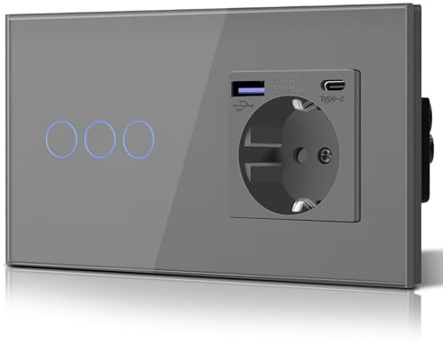 BSEED Enchufe Doble Pared con 20W USB y Tipo C,Enchufe USB C de Cristal,Carga Rápida,3 en 1，Fácil Instalación,3 Gang 1 Vía,157mm Gris