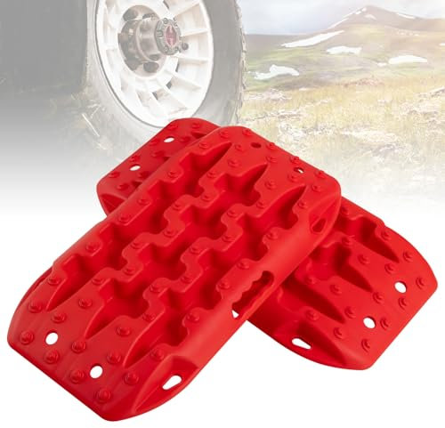GOPLUS 2 x Sandbleche Anfahrhilfe, Recovery Board Offroad Tracks max. 10T Last, Traktionshilfe Traktionsmatte Auto bei Schnee, Schlamm, Sand, Reifenleiter für PKW, LKW (58 × 31 × 6 cm,Rot)