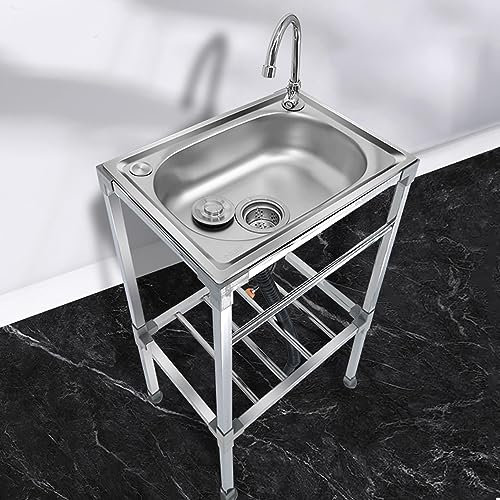 GODFSAHG Freistehende Edelstahlspüle, Einzelbecken, gewerbliche Küchenspüle, tragbares Mehrzweckspülbecken mit Wasserhahn, multifunktionales Handwaschbecken, für Bars, Wäscherei, Camping (4