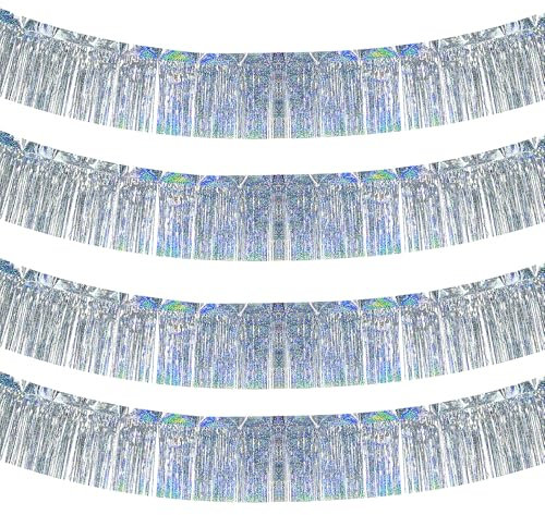 duoyif Lametta Fransen Girlande Silber 4Stück 20x200cm Metallic Foil Fringe Garland Folien Luftschlangen Deko Glänzende Quasten Girlande Für Geburtstag Hochzeit Karneval Party Deko (Silber)