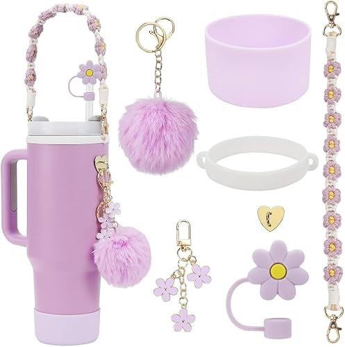 TOEECY Stanley Cup Accessori 7 Pezzi Set Incluse Manico Bottiglia d'Acqua Coperture Cannuccia Custodia in Silicone Portachiavi a Margherita per 30 oz 40 oz Tumbler Coppe Non Incluse (Viola)