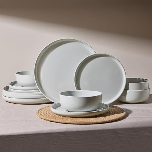 Richmount Milkyway Geschirrset,12-teiliges teller set,Steingut Geschirr Set für 4 mit Speiseteller, Dessertteller, Müslischalen, Mikrowellen & Spülmaschinenfest, Hellgrau