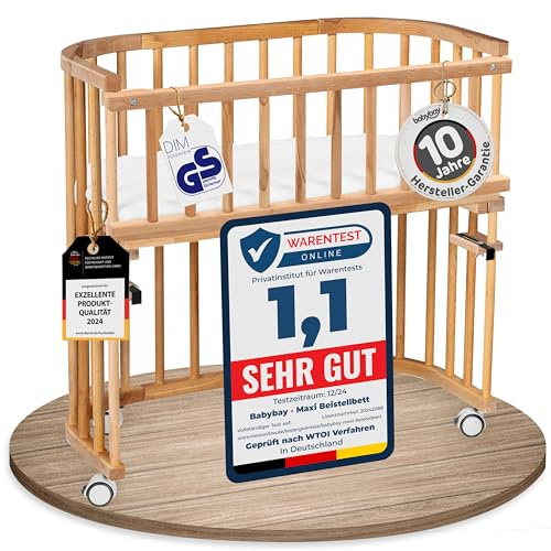 babybay Maxi extra großes Beistellbett aus massivem Buchenholz/Kinderbett Höhe stufenlos verstellbar & umweltfreundlich/mit Matratze, Gitter, Rollen (kernbuche geölt)