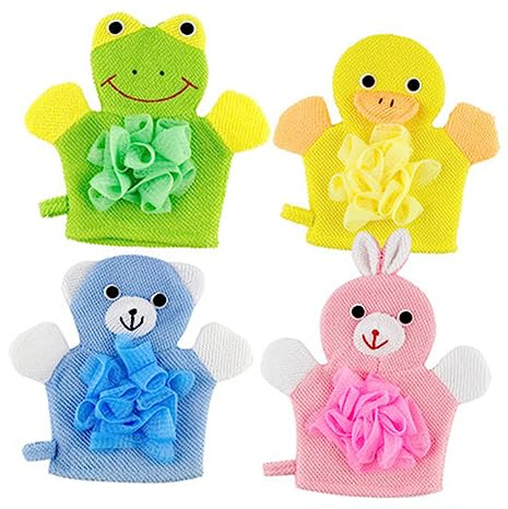 NULYLU 4pièces De Bain Pour Garçon Fille Style Cartoon Exfoliants Confortables Pour Bain Nettoyage Et Gommage Motifs De Canard Verte Lapin Et Ours