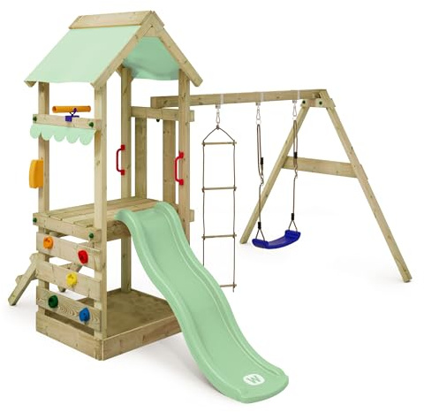 WICKEY Tour de Jeux FreshFlyer avec balançoire & Toboggan, Tour d'escalade pour Enfants avec bac à Sable, échelle & Accessoires de Jeu pour Le Jardin (Vert Pastel)