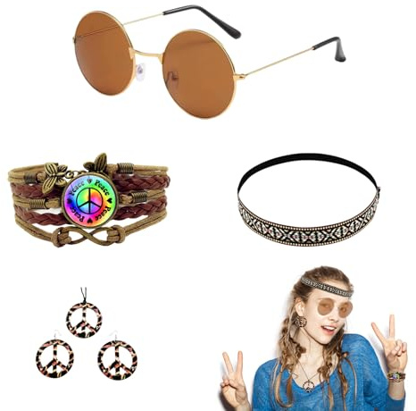 Hippie Accessoires Set für Damen – Blumenkranz Stirnband, Sonnenbrille, Frieden Zeichen Ohrringe, Leopardenmuster Frieden Zeichen Halskette und Armband – Retro 60er 70er Jahre Stil