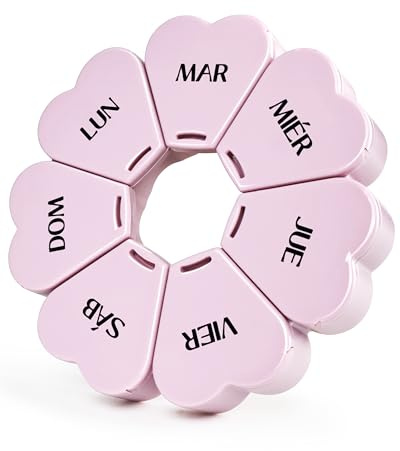 FHORAIN Caja de píldoras semanales, linda, redonda, gran compartimento,forma floral, adecuada para viajar (ES-Rosa)